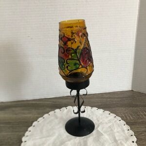 Vtg Colourful Stained Glass Style Candle Holder